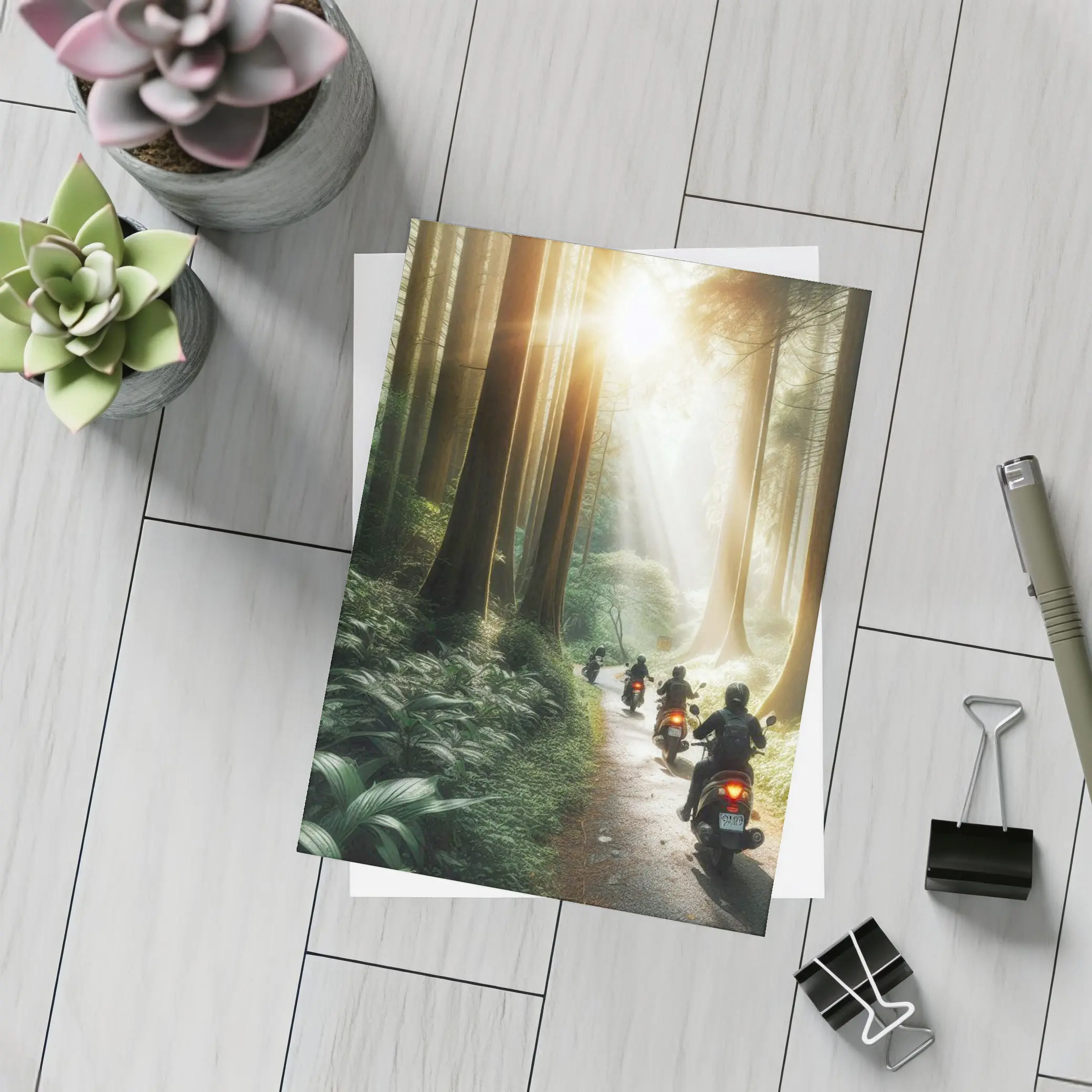 Motorcycles Riding Through Misty Forest Road – Postcards
