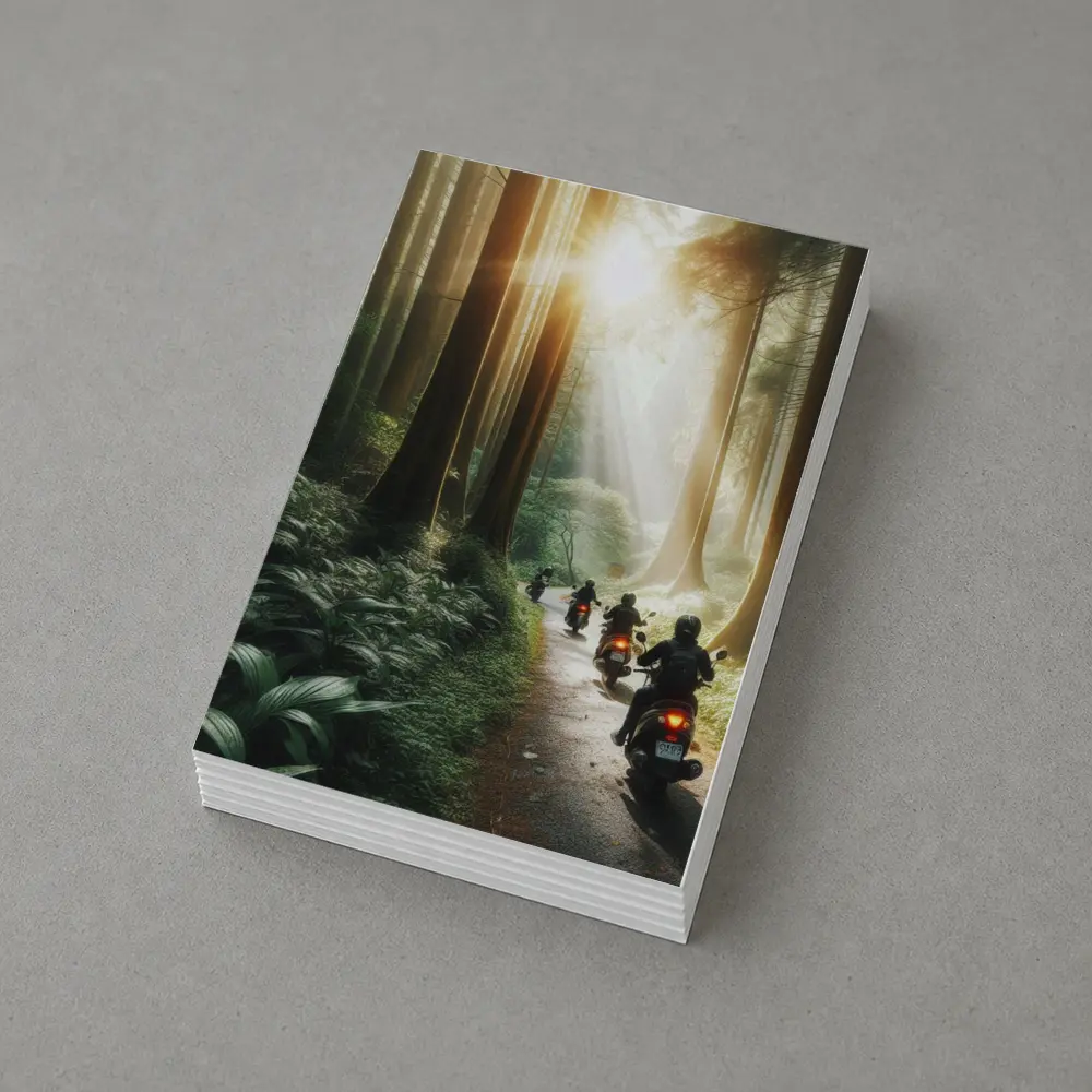 Motorcycles Riding Through Misty Forest Road – Postcards