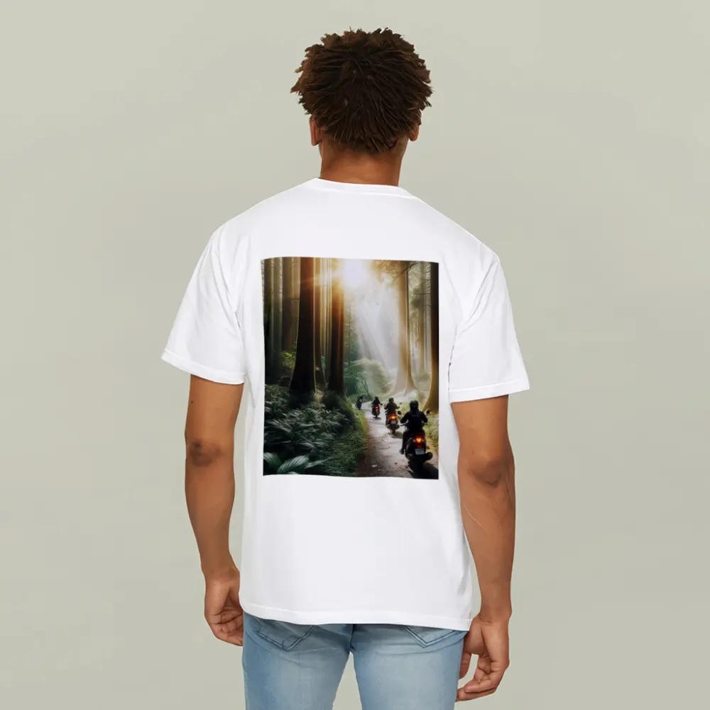 Motorcycles Riding Through Misty Forest Road – T-Shirts