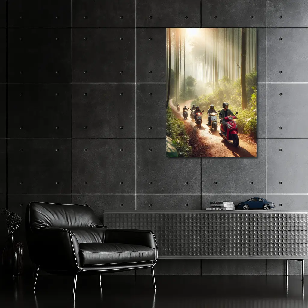Scooters Riding Through Misty Forest Trail – Wall Art