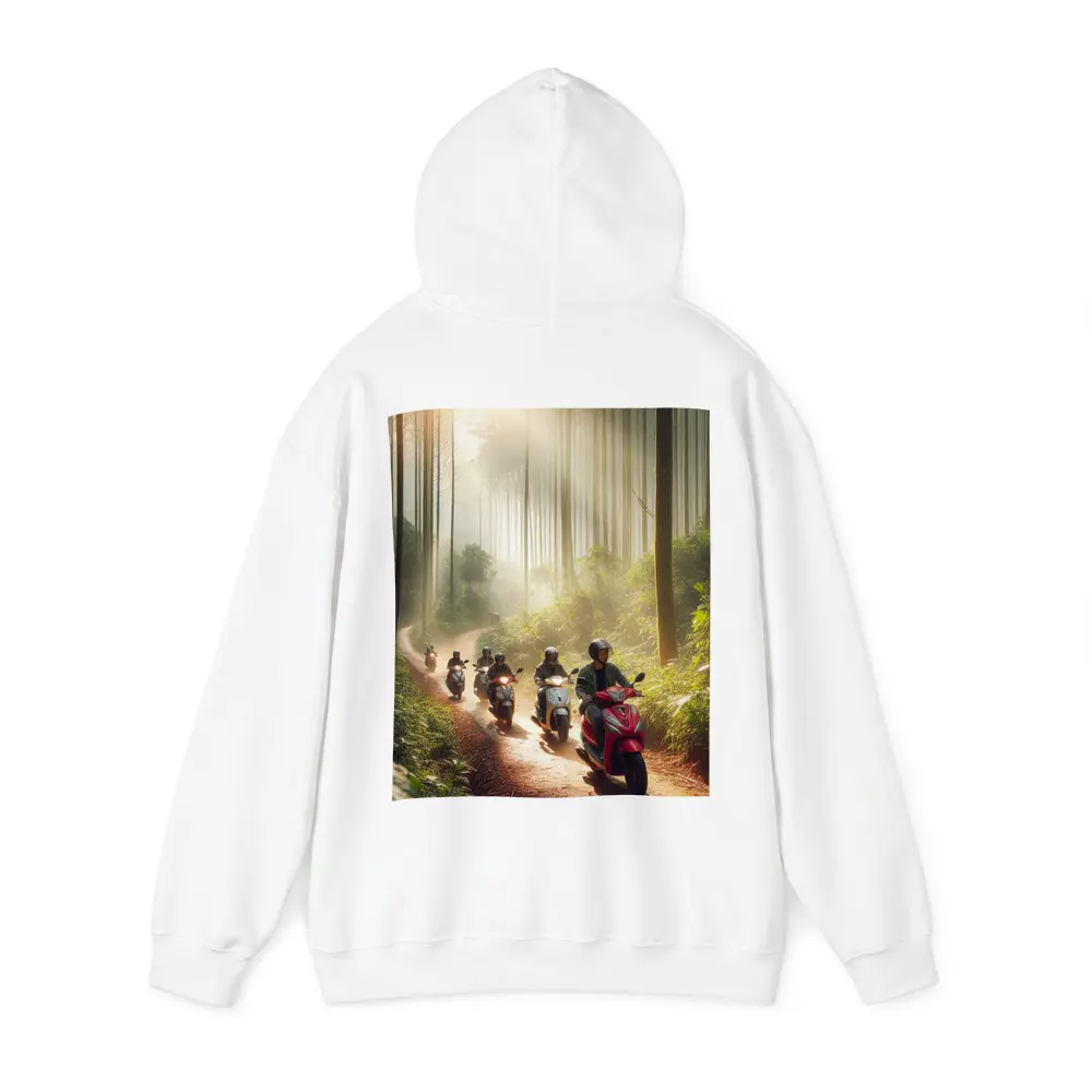 Scooters Riding Through Misty Forest Trail – Hoodies