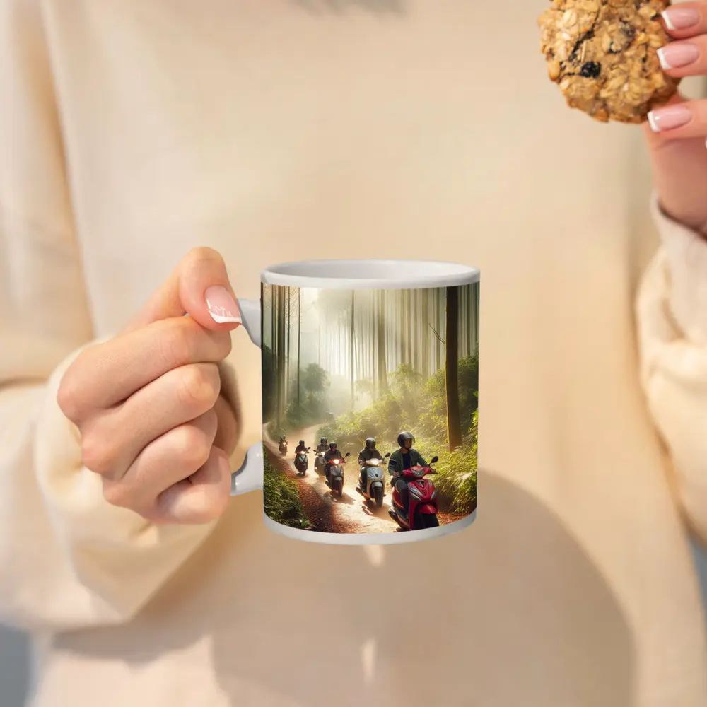 Scooters Riding Through Misty Forest Trail – Mugs