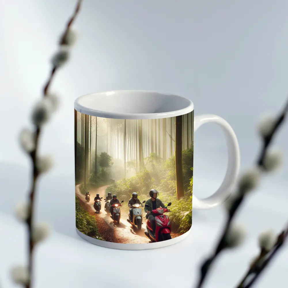Scooters Riding Through Misty Forest Trail – Mugs