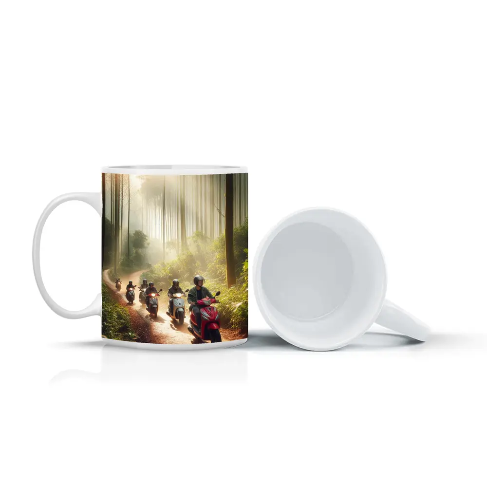 Scooters Riding Through Misty Forest Trail – Mugs