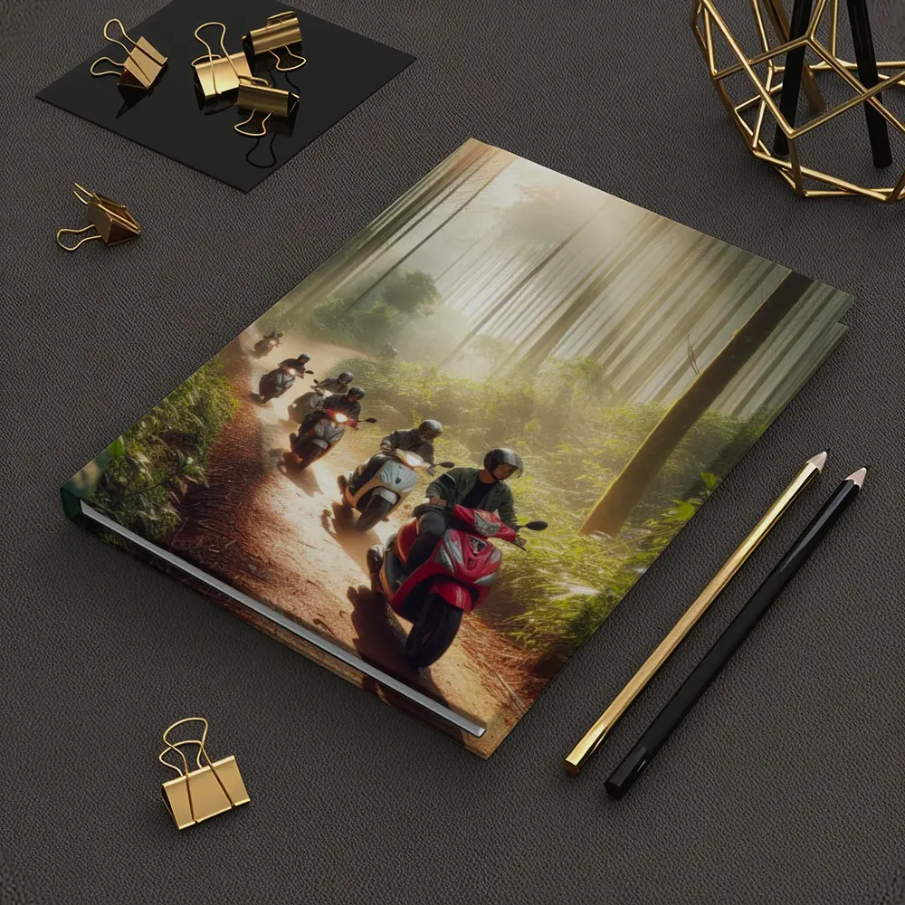 Scooters Riding Through Misty Forest Trail – Notebooks
