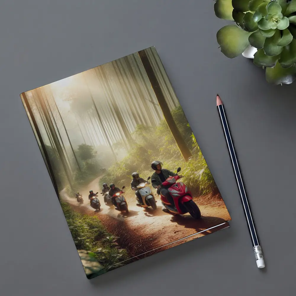 Scooters Riding Through Misty Forest Trail – Notebooks