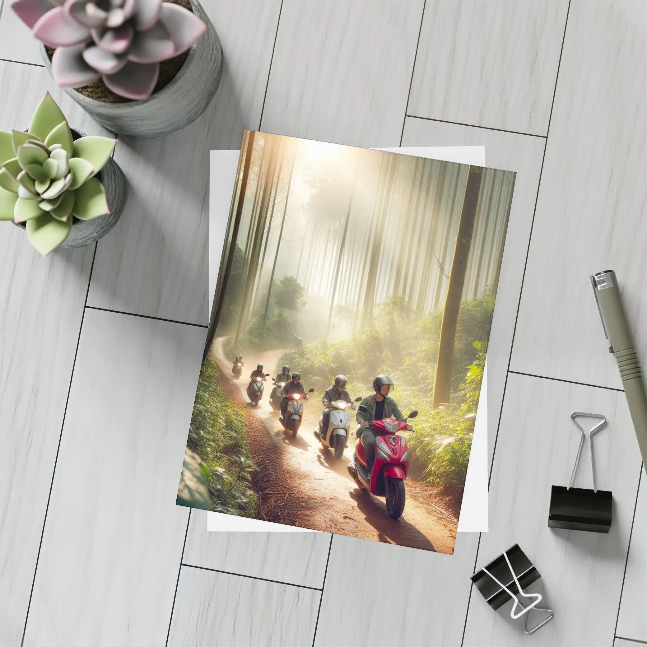 Scooters Riding Through Misty Forest Trail – Postcards