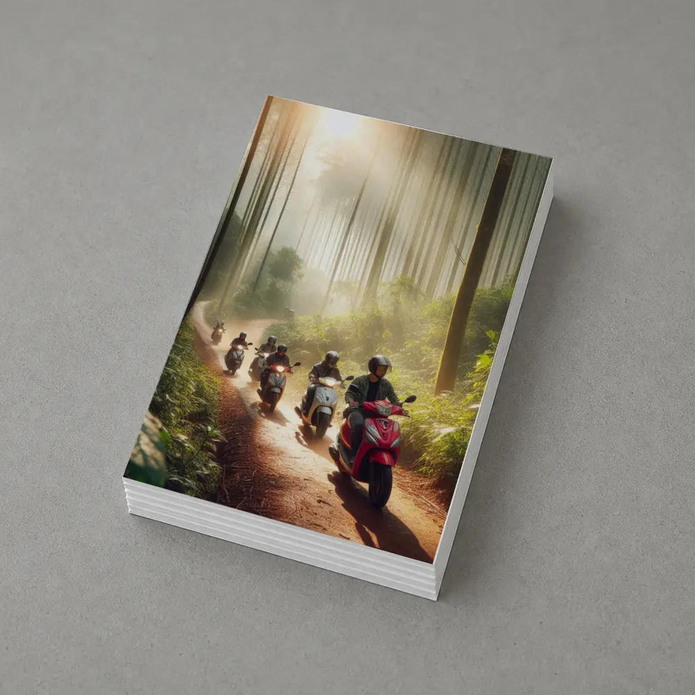 Scooters Riding Through Misty Forest Trail – Postcards