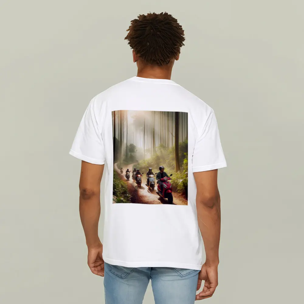 Scooters Riding Through Misty Forest Trail – T-Shirts