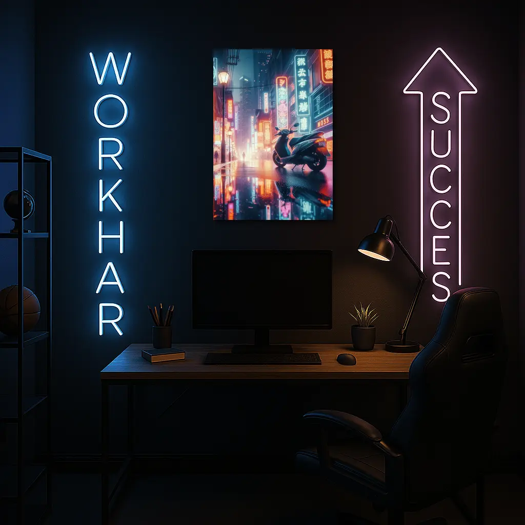 Scooter Neon City Street Rainy Night – Wall Art