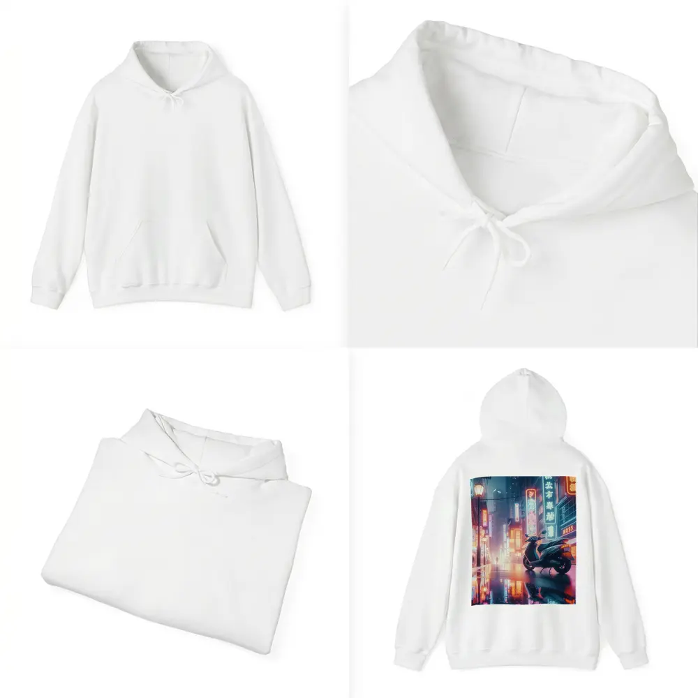 Scooter Neon City Street Rainy Night – Hoodies