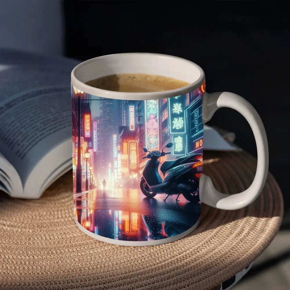 Scooter Neon City Street Rainy Night – Mugs