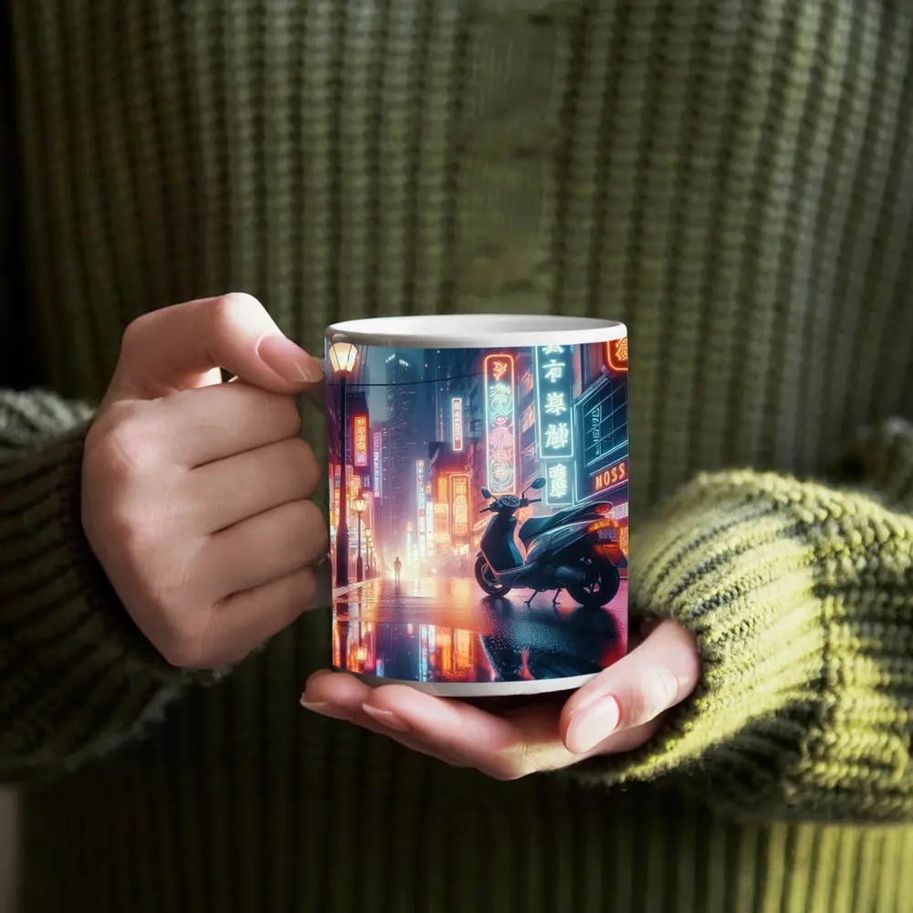 Scooter Neon City Street Rainy Night – Mugs