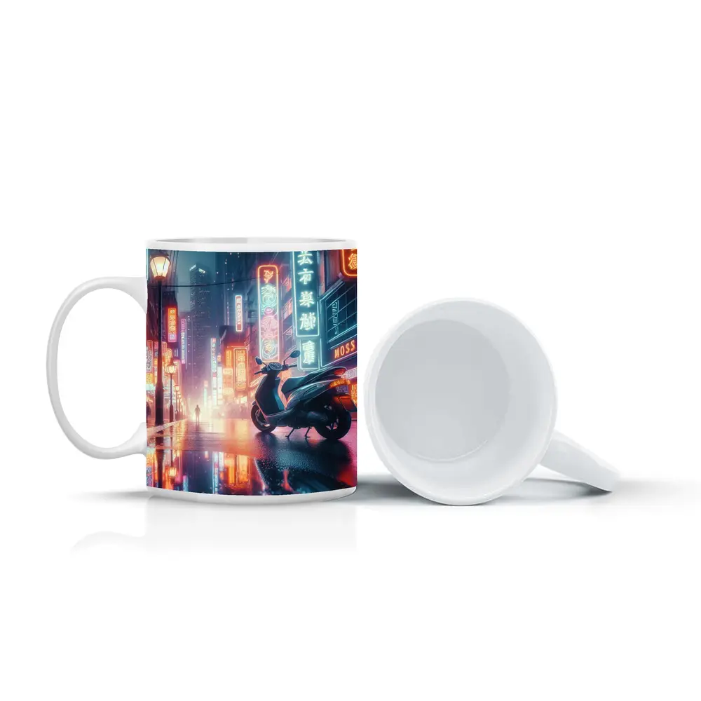 Scooter Neon City Street Rainy Night – Mugs