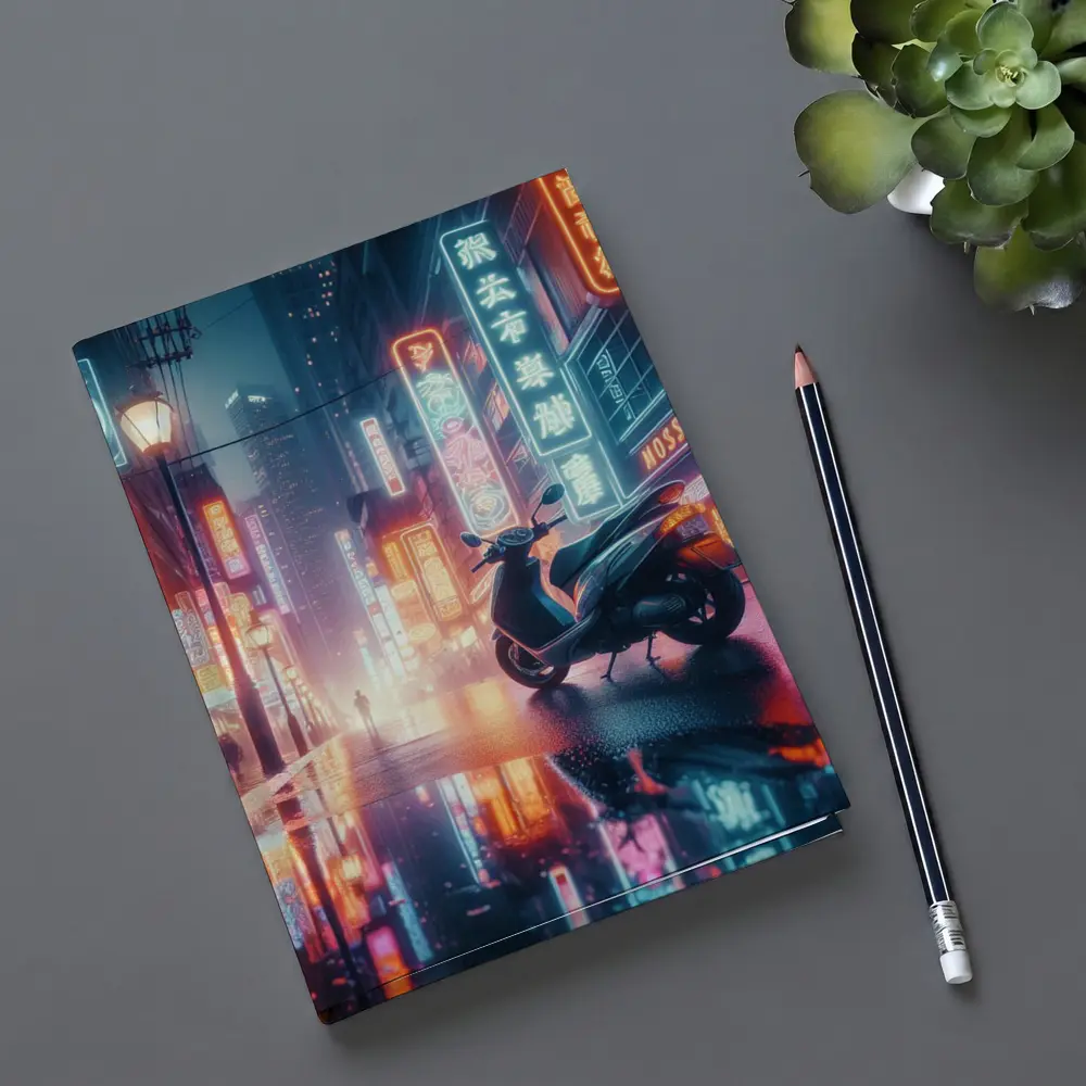 Scooter Neon City Street Rainy Night – Notebooks