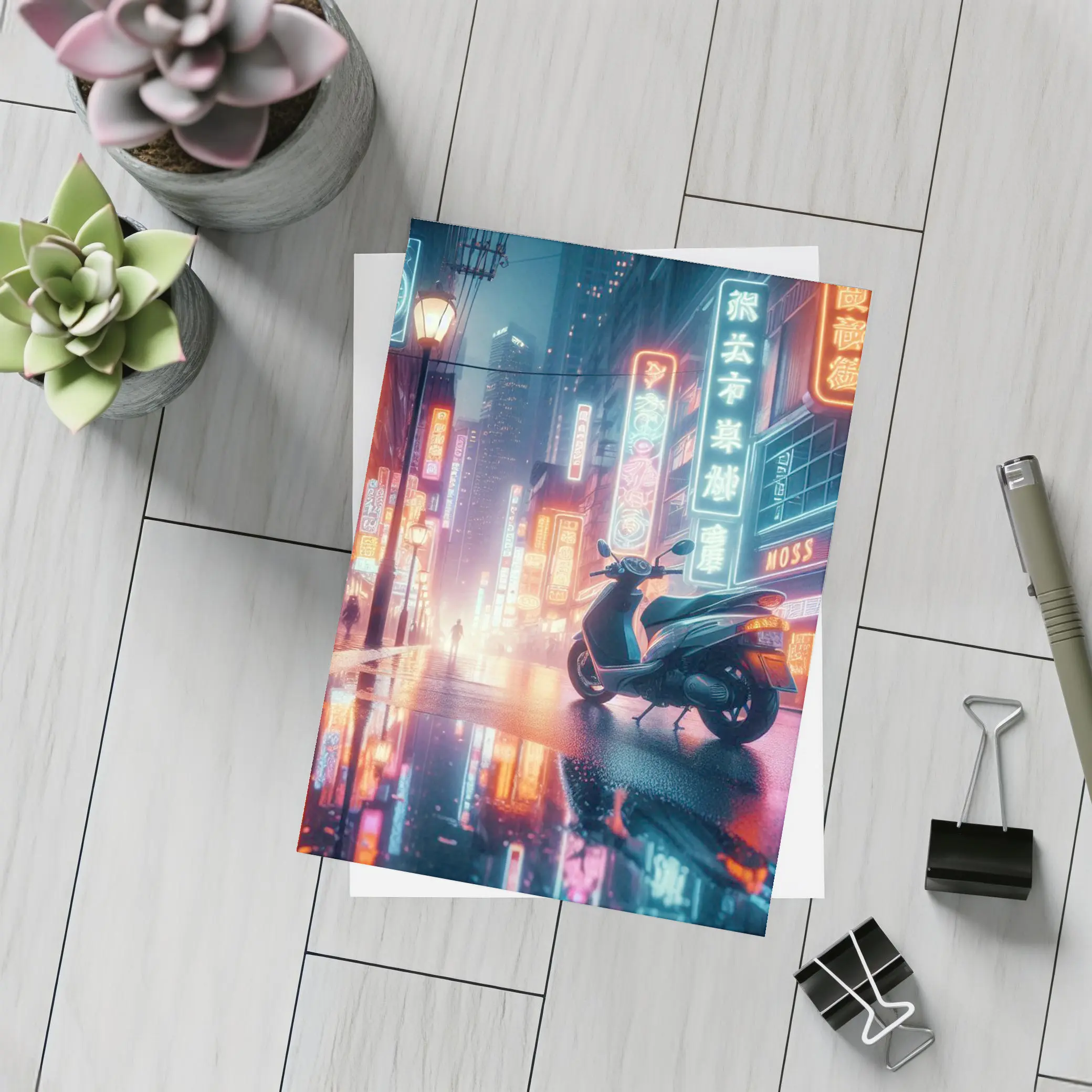 Scooter Neon City Street Rainy Night – Postcards