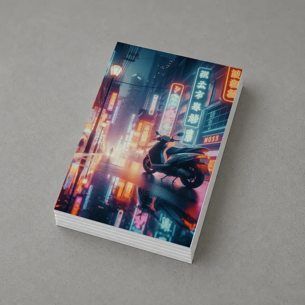 Scooter Neon City Street Rainy Night – Postcards