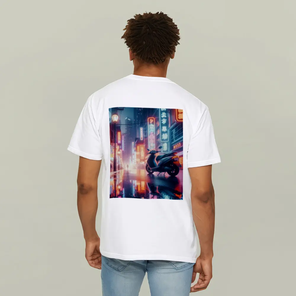 Scooter Neon City Street Rainy Night – T-Shirts