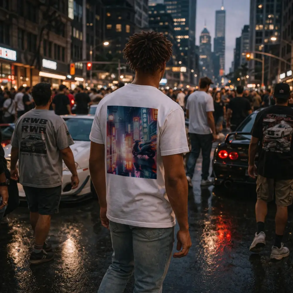 Scooter Neon City Street Rainy Night – T-Shirts
