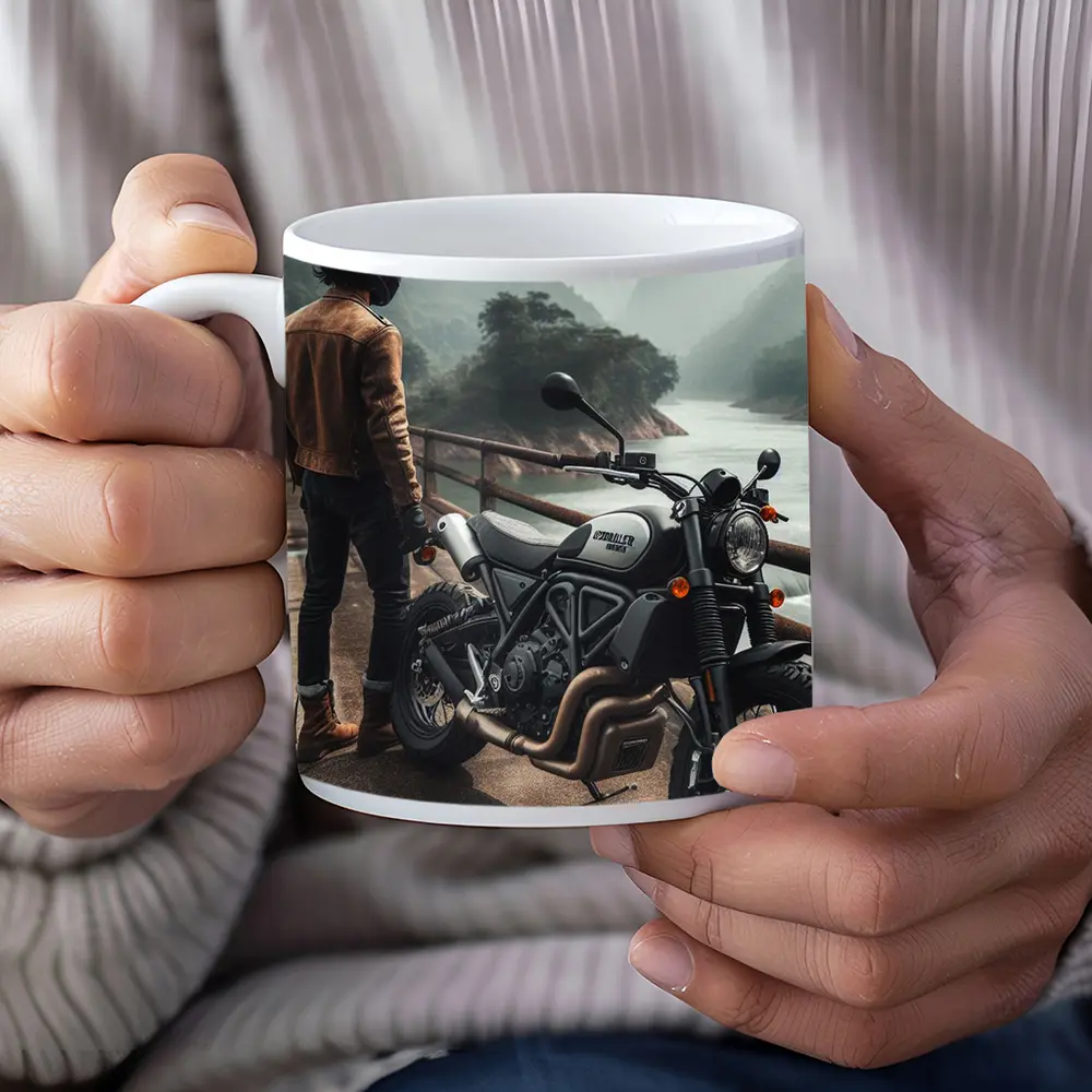 Ducati Scrambler Rider Mountain River Background – Mugs
