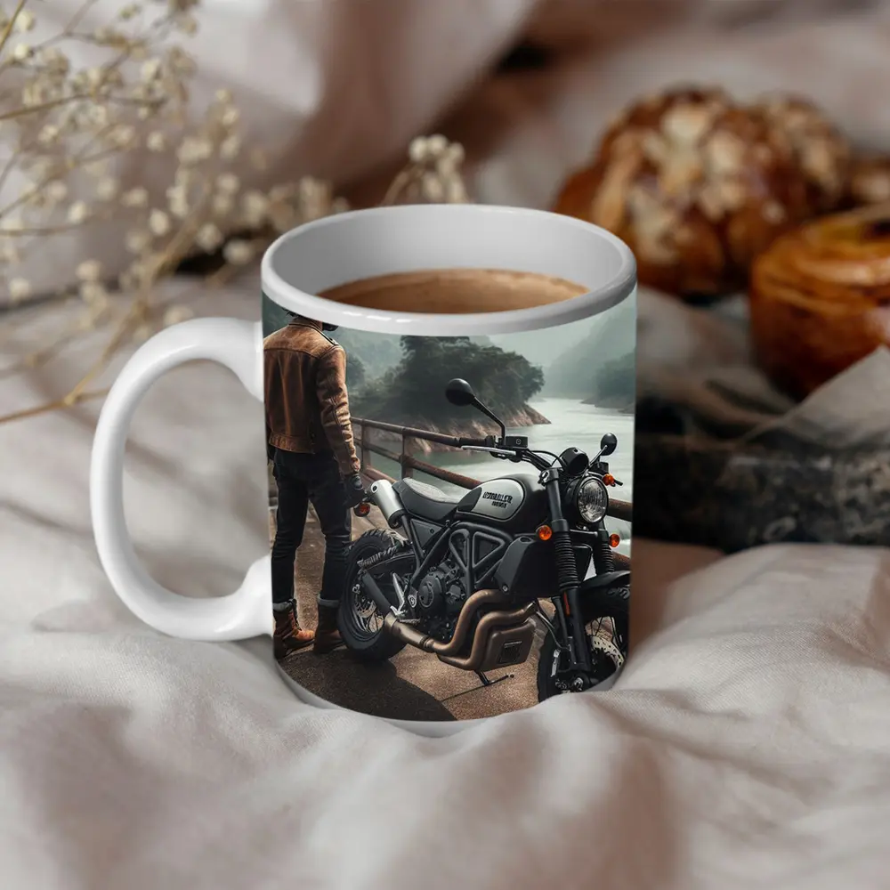 Ducati Scrambler Rider Mountain River Background – Mugs