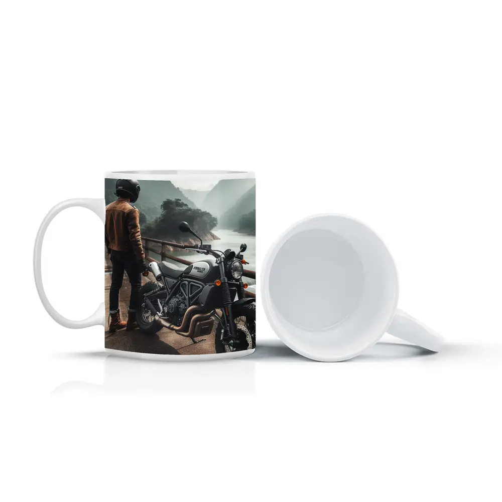Ducati Scrambler Rider Mountain River Background – Mugs