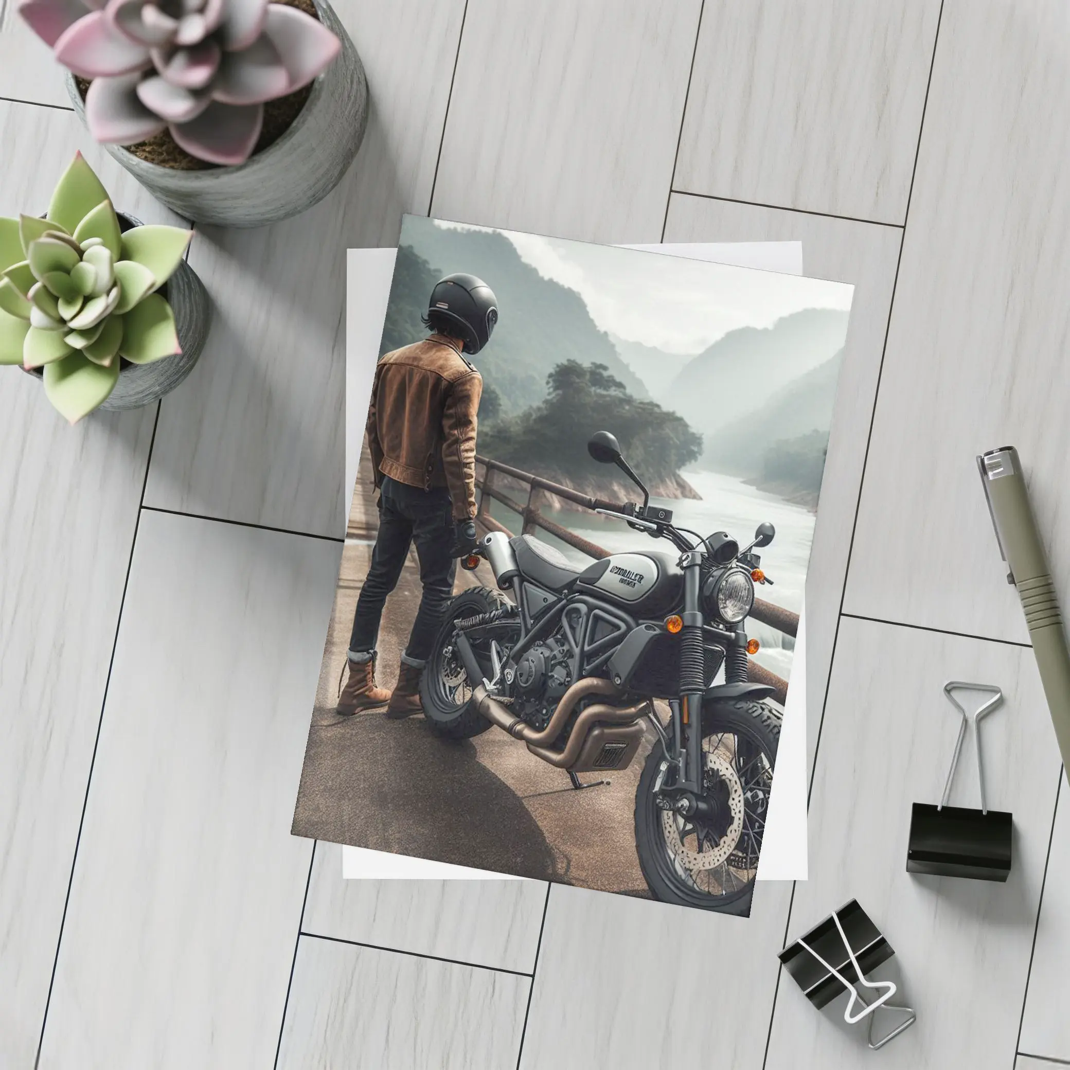 Ducati Scrambler Rider Mountain River Background – Postcards