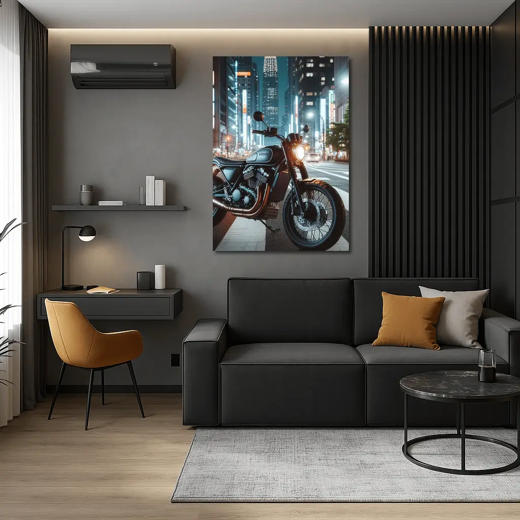 Cafe Racer Motorcycle Glowing City Night Street – Wall Art
