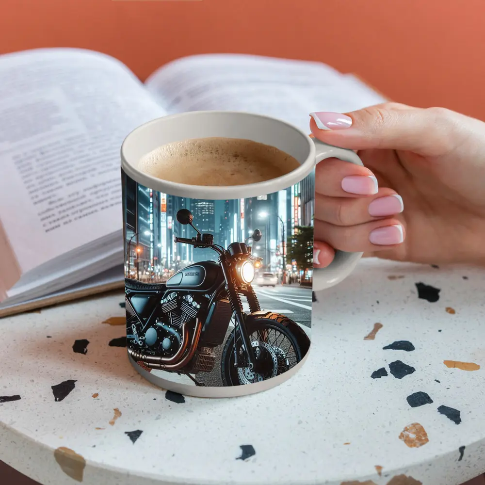 Cafe Racer Motorcycle Glowing City Night Street – Mugs