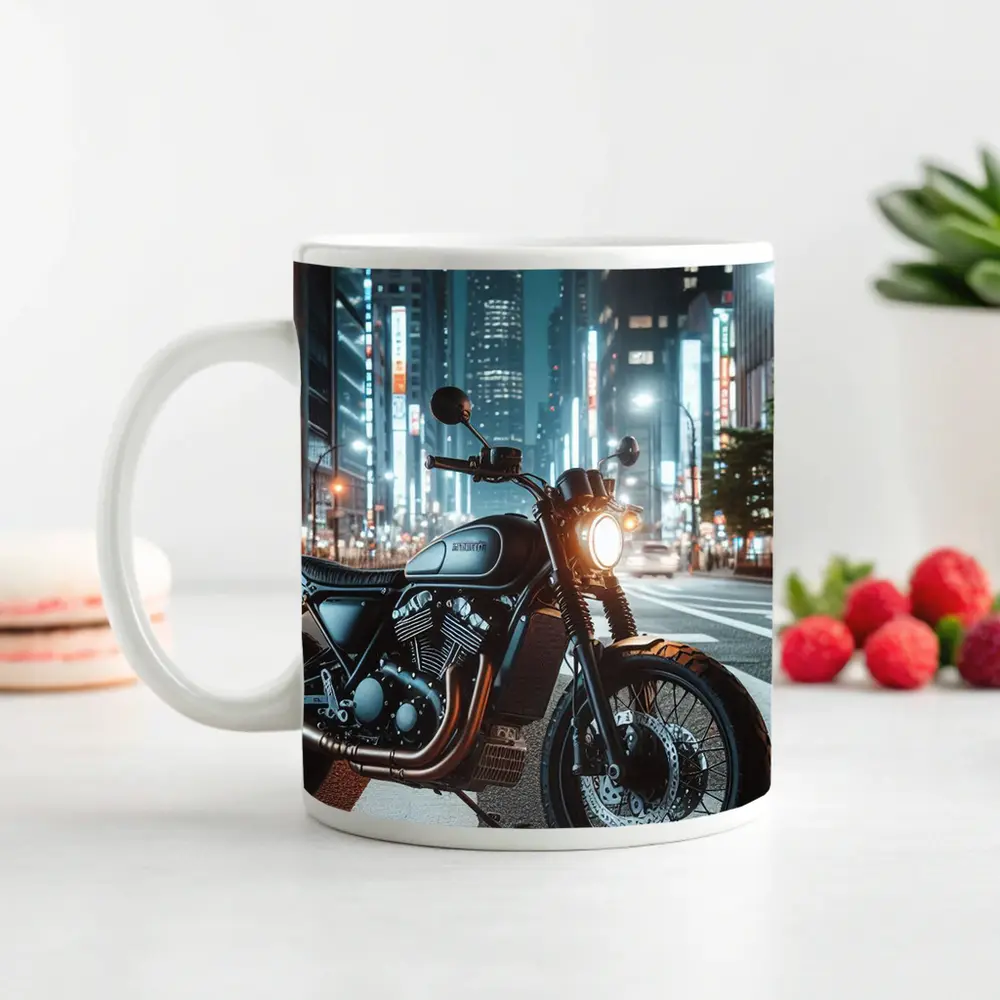 Cafe Racer Motorcycle Glowing City Night Street – Mugs