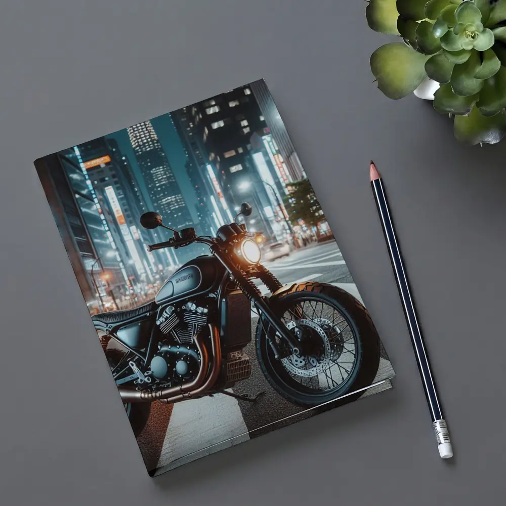 Cafe Racer Motorcycle Glowing City Night Street – Notebooks