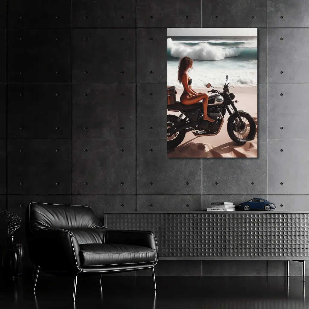Woman on Scrambler Motorcycle Beach Waves – Wall Art