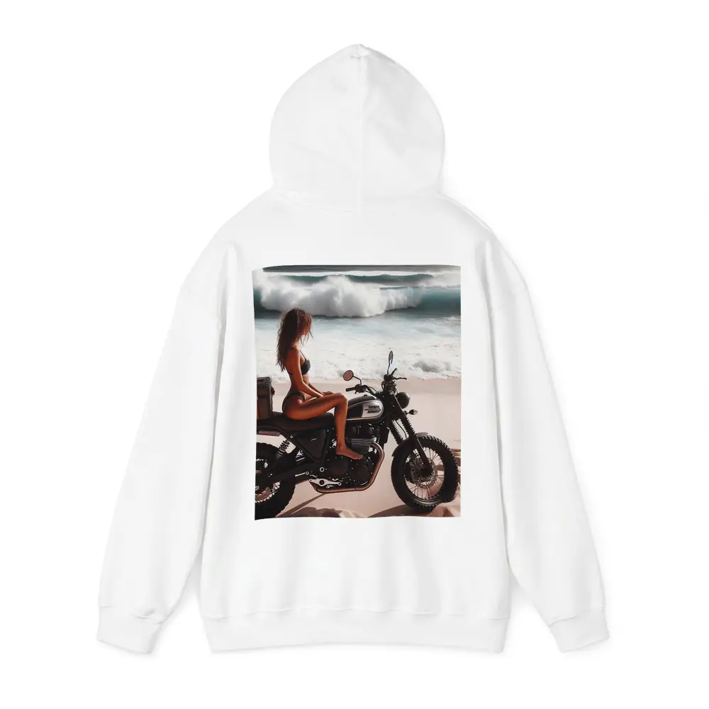 Woman on Scrambler Motorcycle Beach Waves – Hoodies