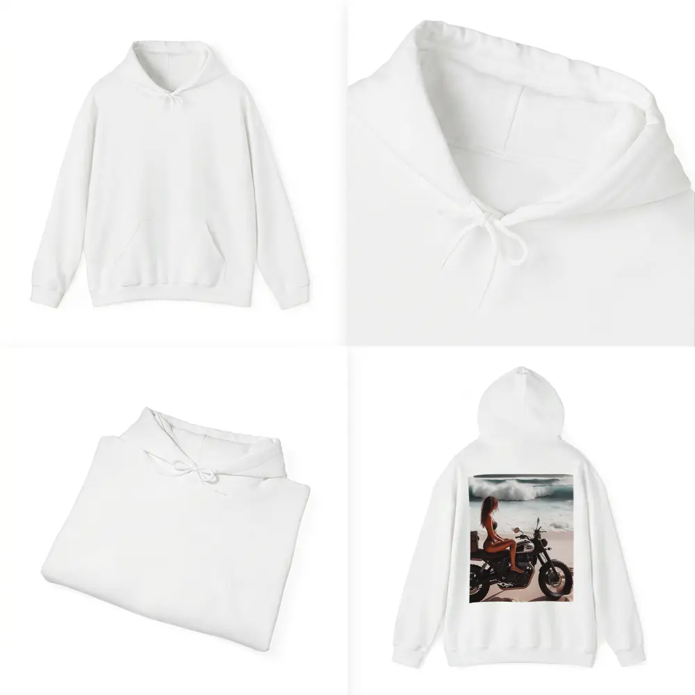 Woman on Scrambler Motorcycle Beach Waves – Hoodies