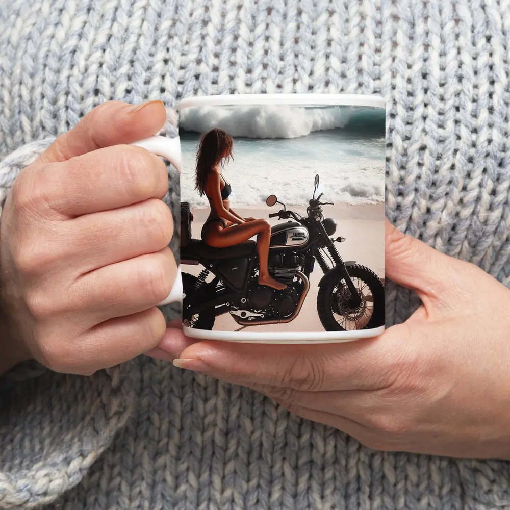 Woman on Scrambler Motorcycle Beach Waves – Mugs