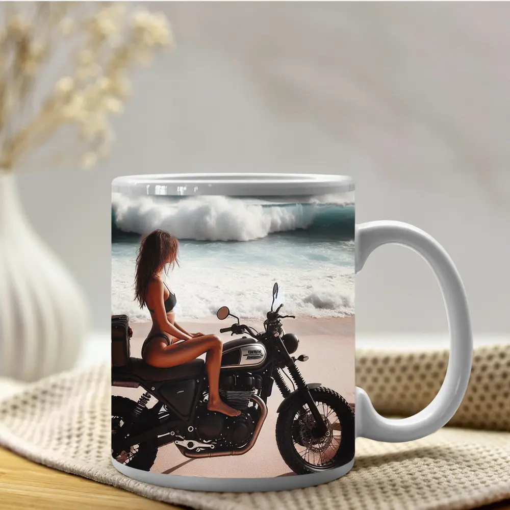 Woman on Scrambler Motorcycle Beach Waves – Mugs