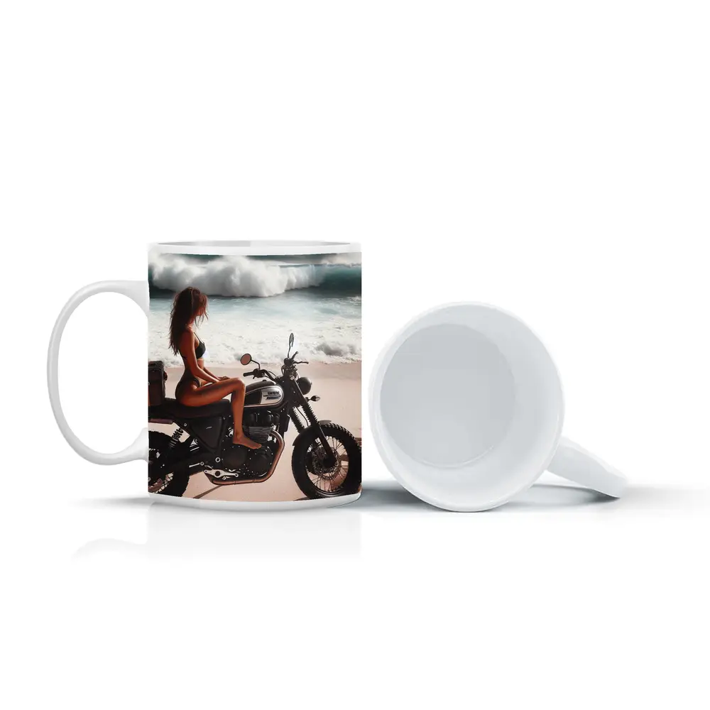 Woman on Scrambler Motorcycle Beach Waves – Mugs