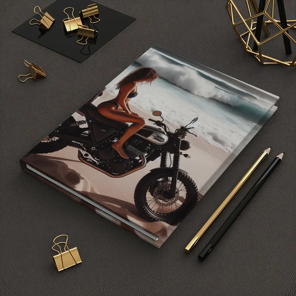 Woman on Scrambler Motorcycle Beach Waves – Notebooks