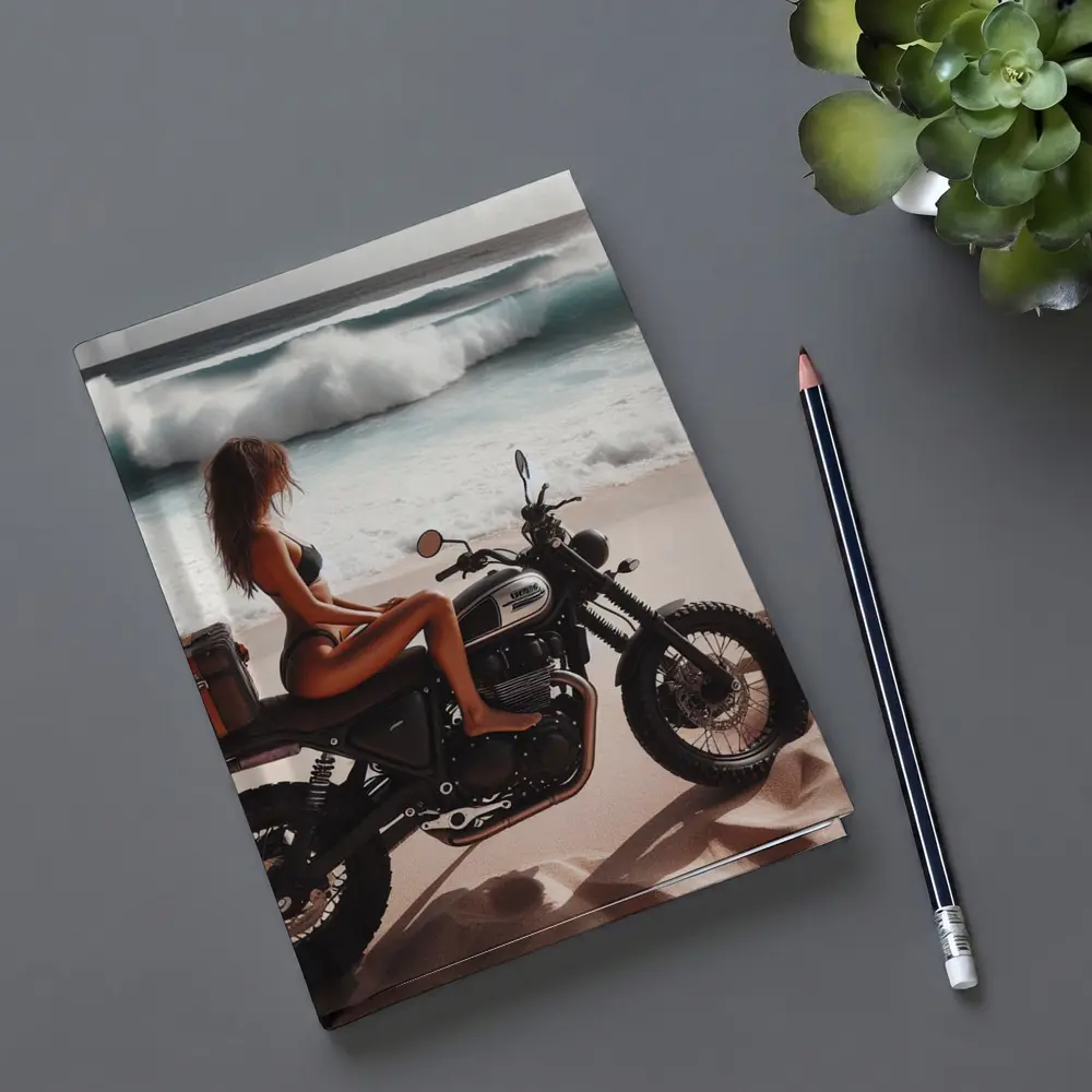 Woman on Scrambler Motorcycle Beach Waves – Notebooks