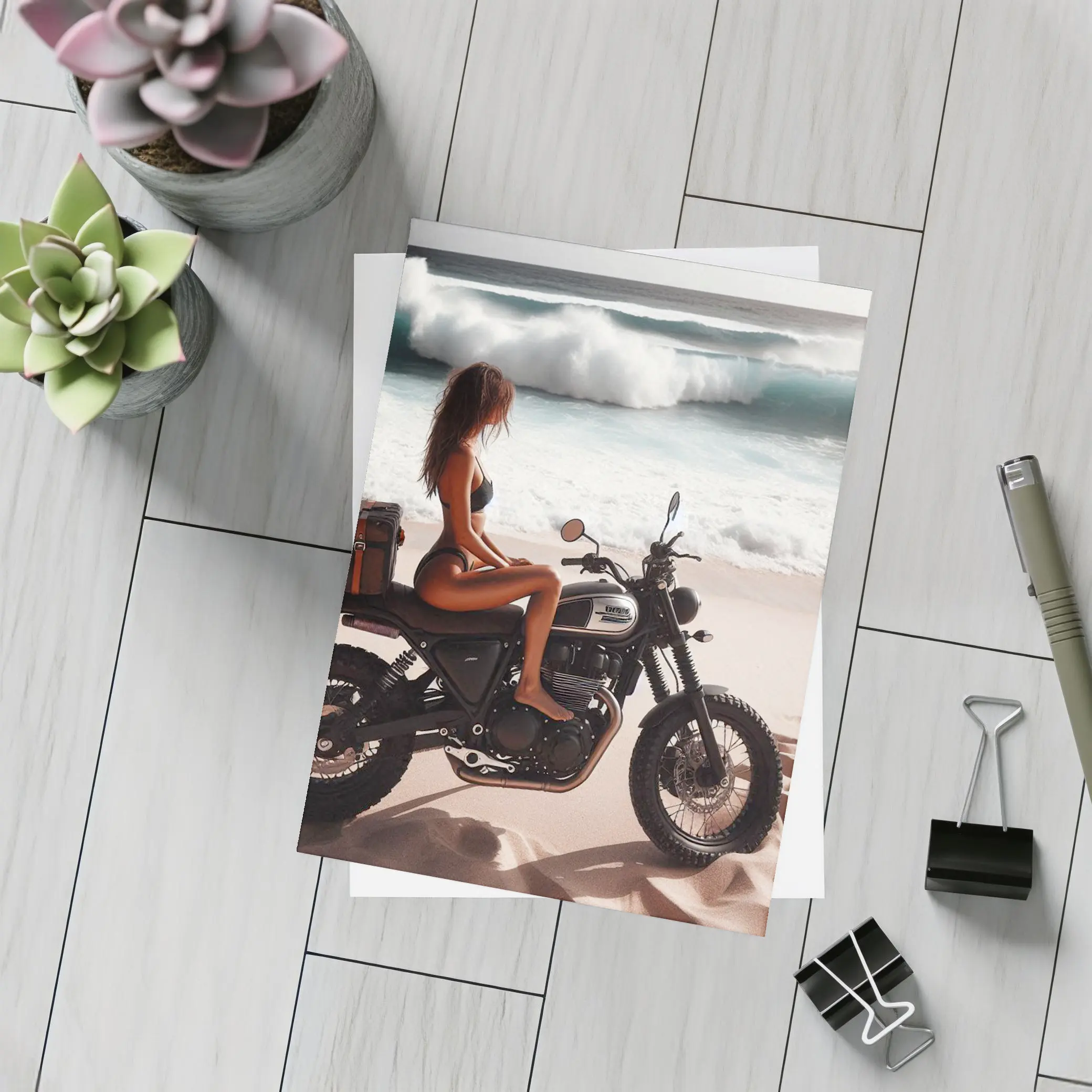 Woman on Scrambler Motorcycle Beach Waves – Postcards