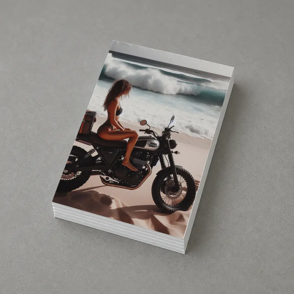 Woman on Scrambler Motorcycle Beach Waves – Postcards
