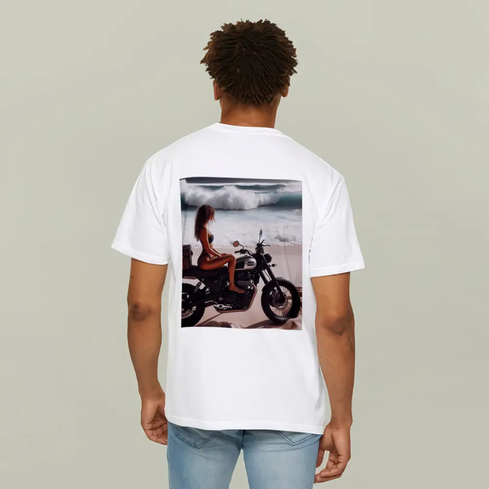 Woman on Scrambler Motorcycle Beach Waves – T-Shirts