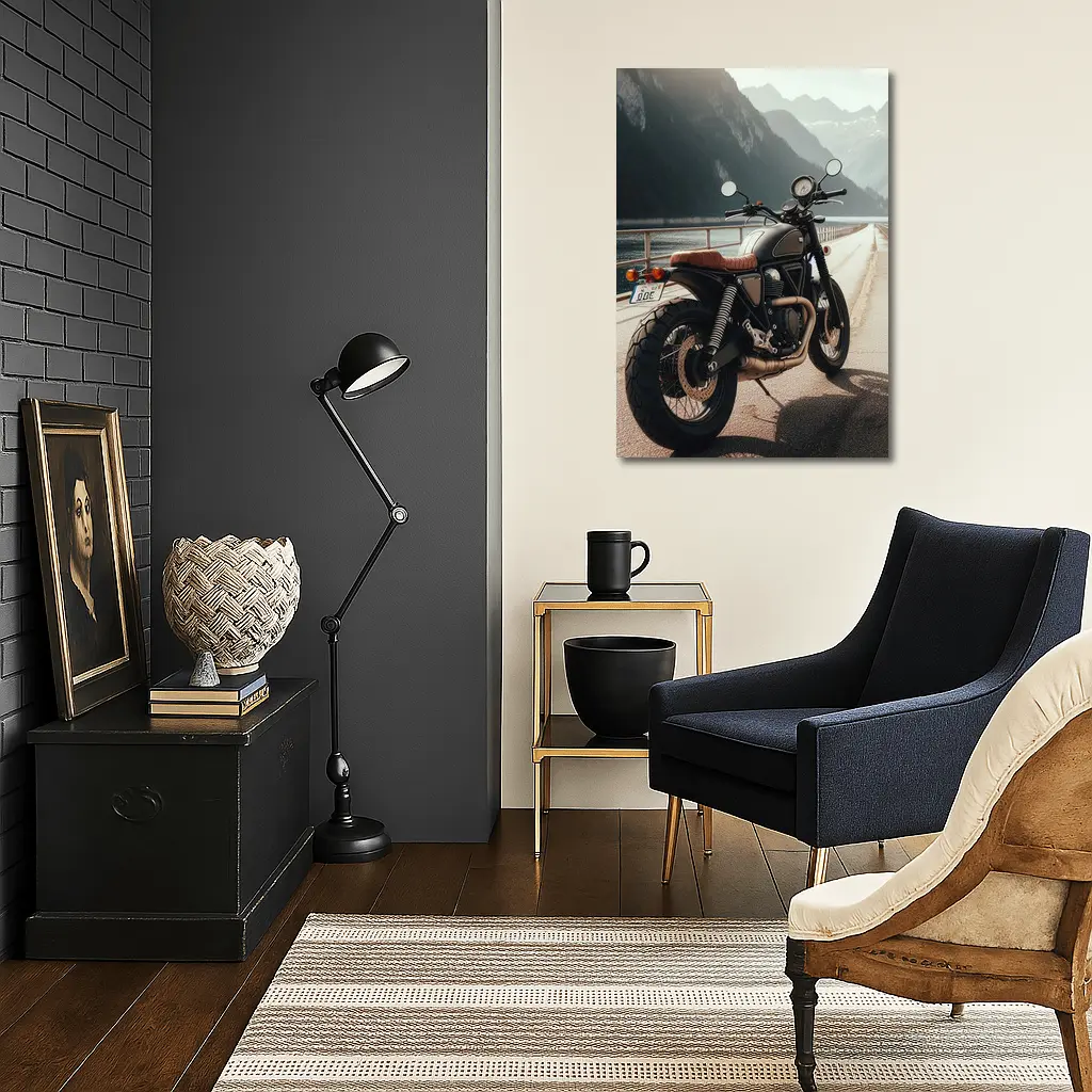 Scrambler Motorcycle Parked by Mountain Lake – Wall Art