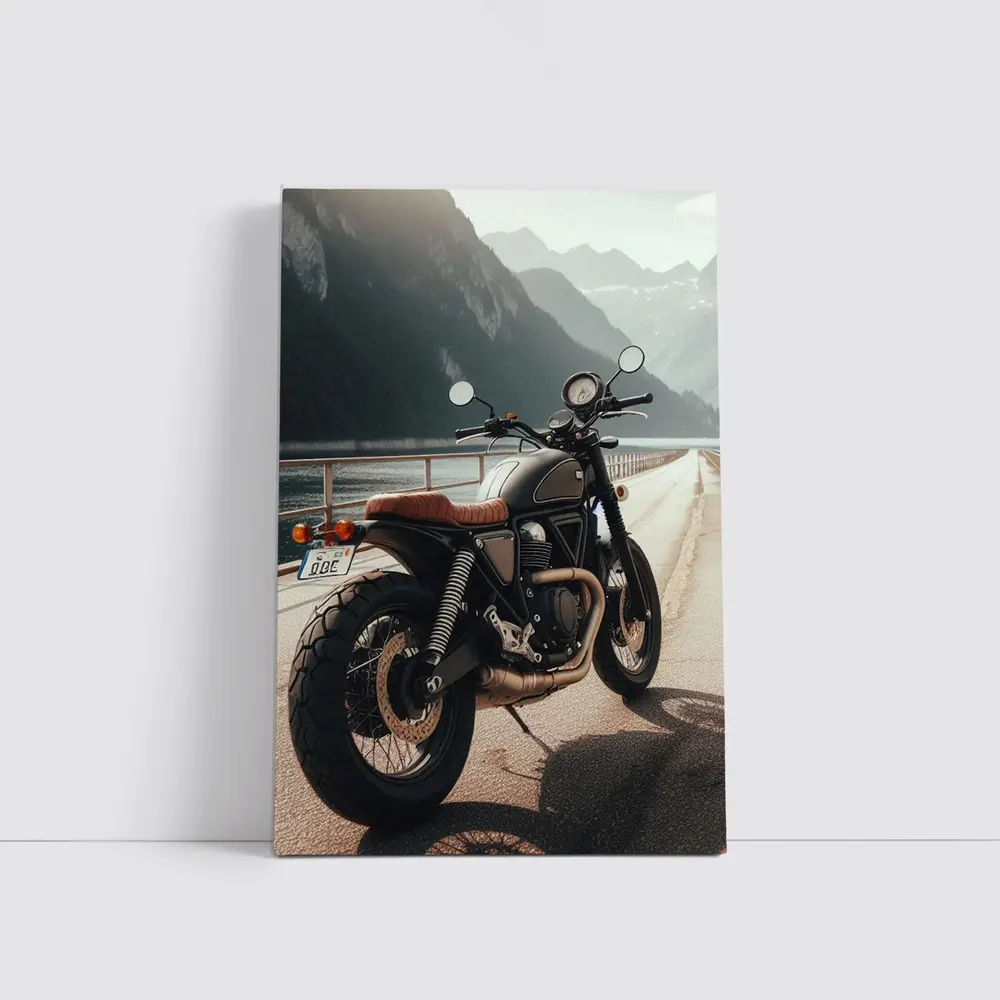Scrambler Motorcycle Parked by Mountain Lake – Wall Art