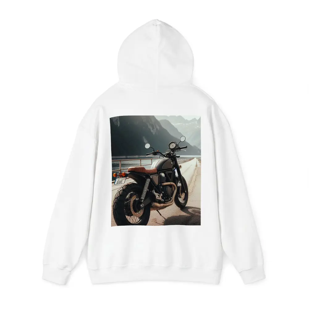 Scrambler Motorcycle Parked by Mountain Lake – Hoodies