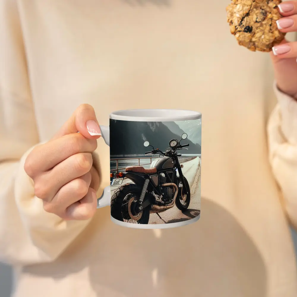 Scrambler Motorcycle Parked by Mountain Lake – Mugs