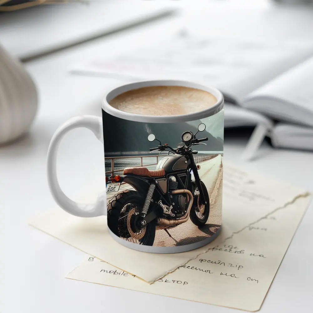 Scrambler Motorcycle Parked by Mountain Lake – Mugs