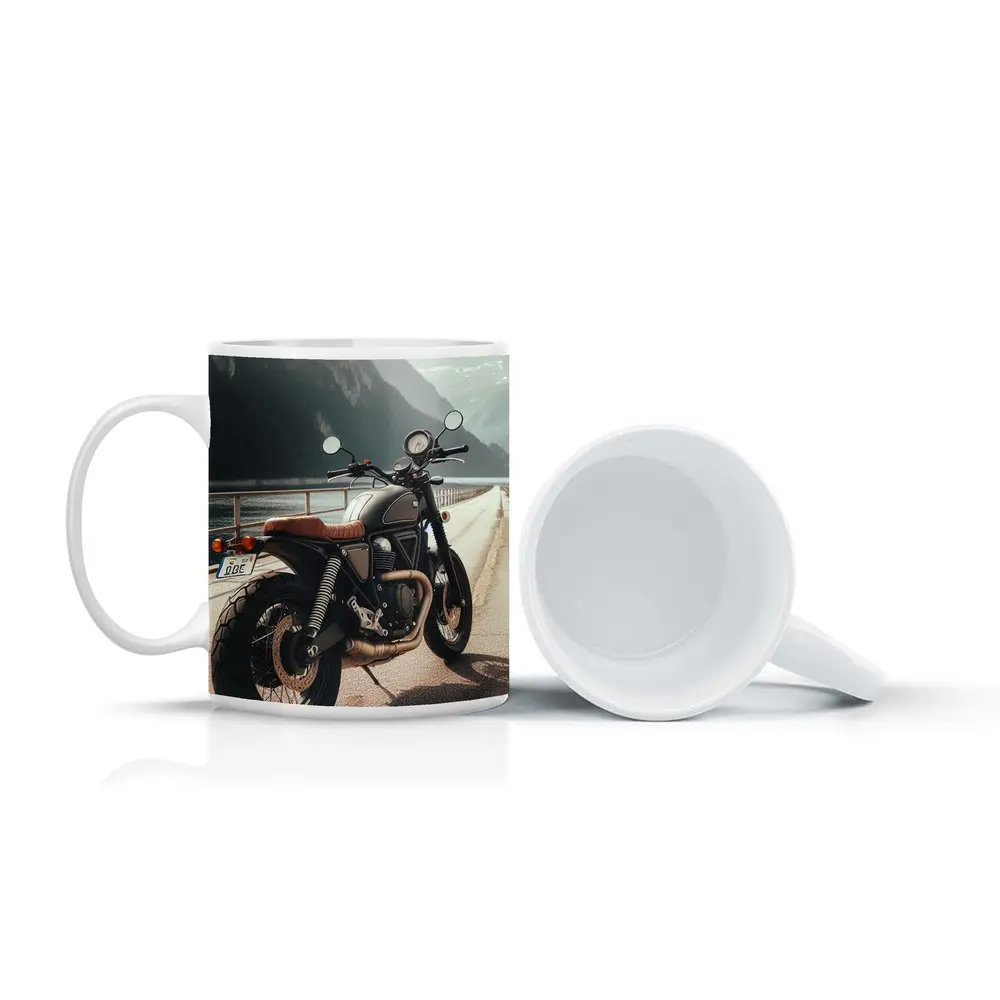 Scrambler Motorcycle Parked by Mountain Lake – Mugs