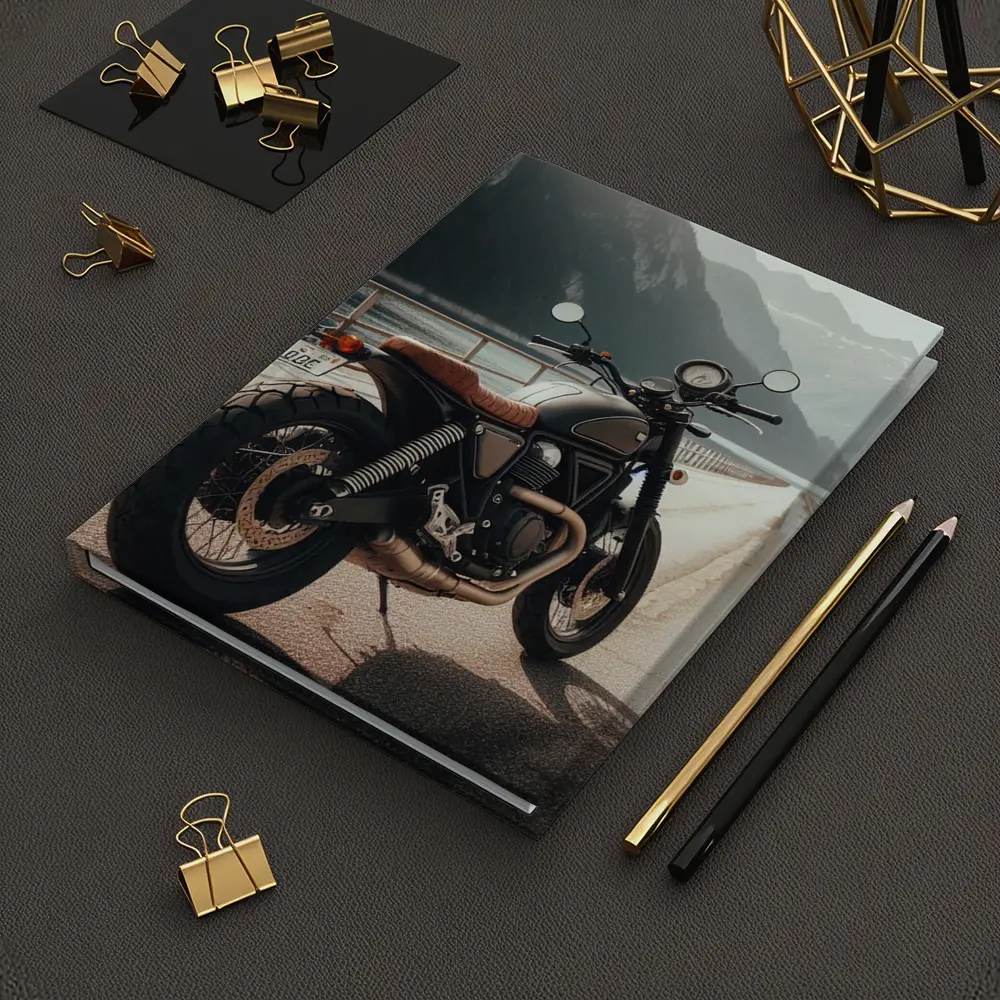 Scrambler Motorcycle Parked by Mountain Lake – Notebooks