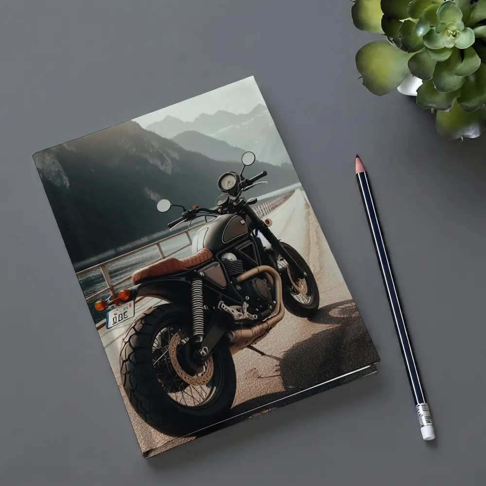 Scrambler Motorcycle Parked by Mountain Lake – Notebooks